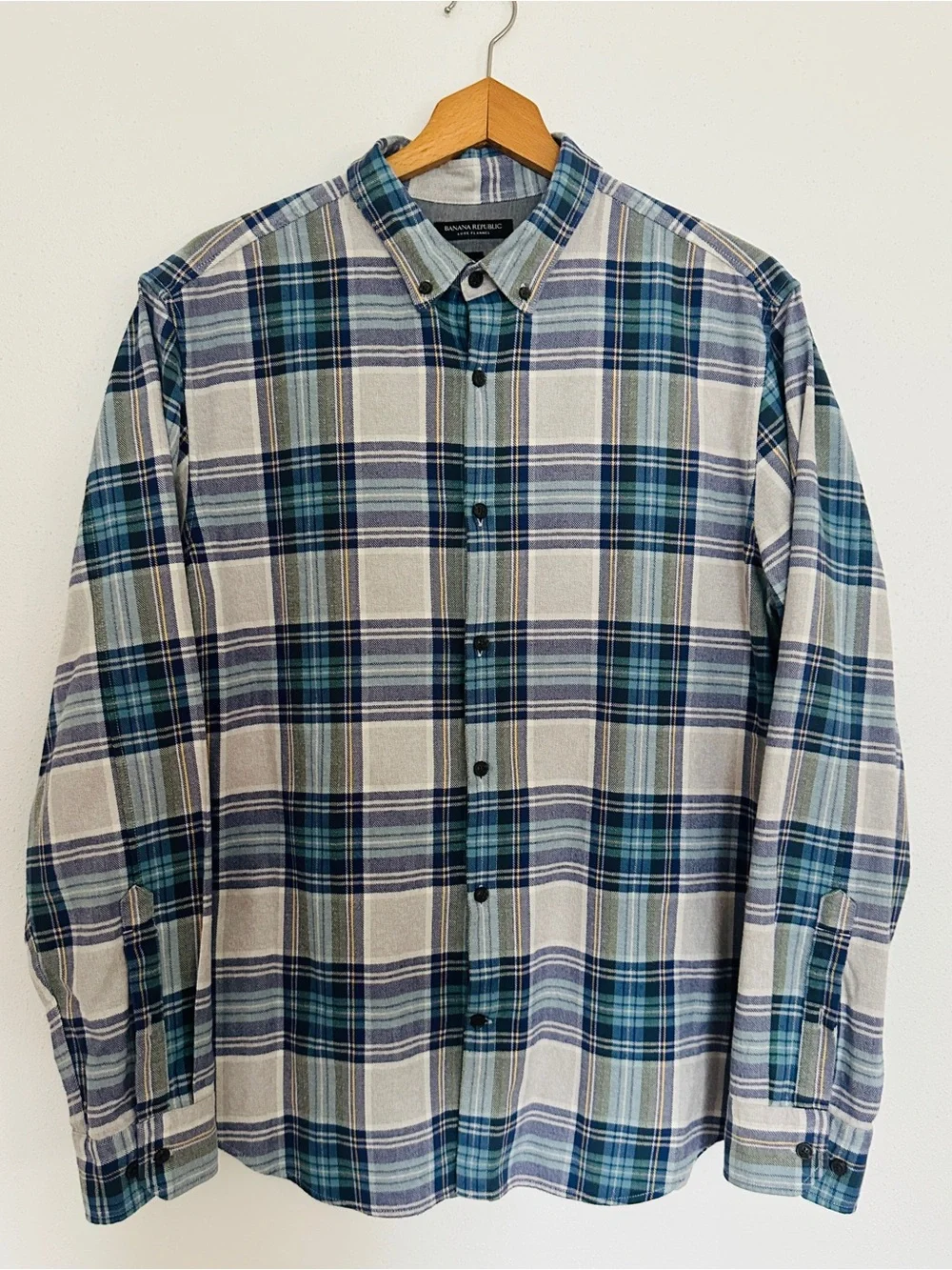 Banana Republic Luxe Flannel Shirt Large Camden Fit Plaid Blue Green Mint